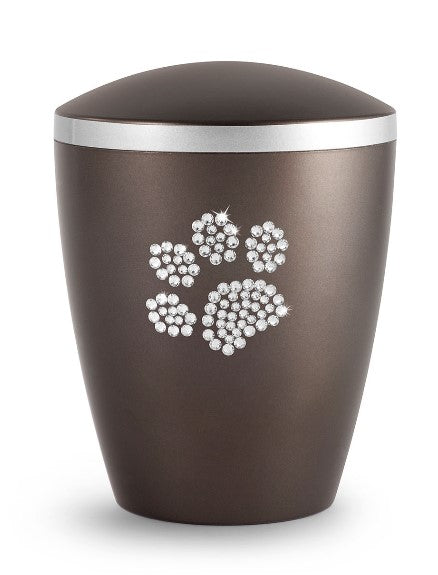 Tierurne aus Naturstoff mit Kristallpfote in Chocolate