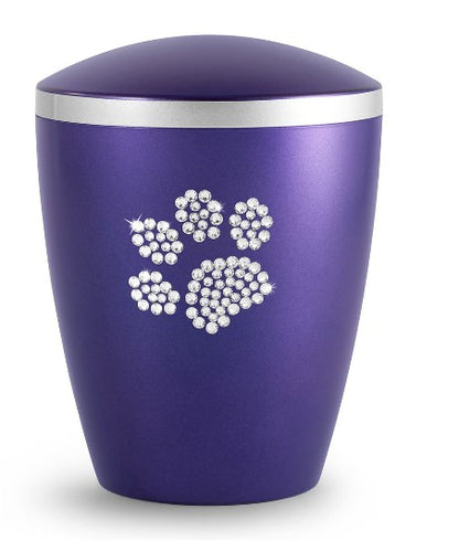 Tierurne aus Naturstoff mit Kristallpfote in Violett
