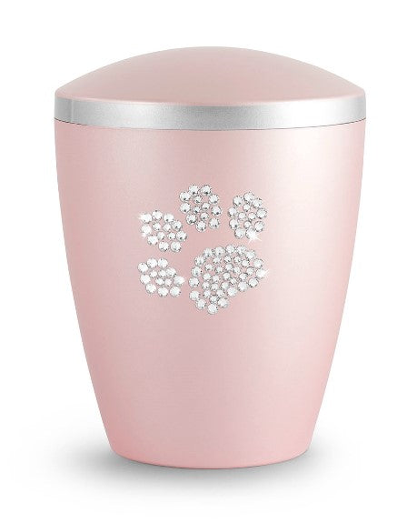 Tierurne aus Naturstoff mit Kristallpfote in Rosé
