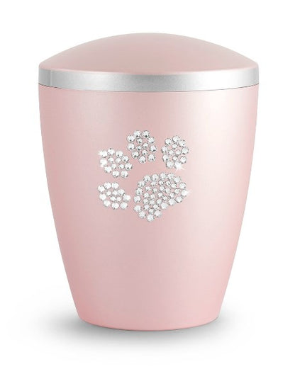 Tierurne aus Naturstoff mit Kristallpfote in Rosé