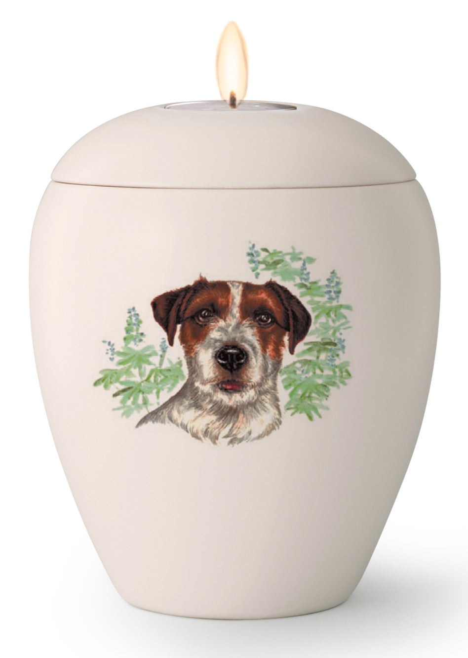 Tierurne mit Jack Russel und Gedenklicht