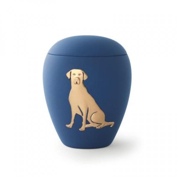 Tierurne aus Keramik mit gold. Hunderelief – 0,5 Liter / marine