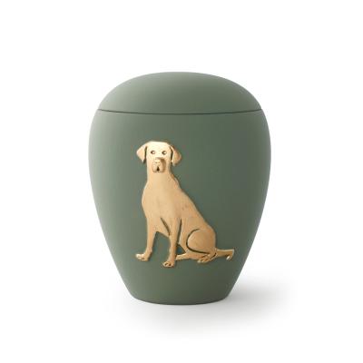 Tierurne aus Keramik mit gold. Hunderelief in grün