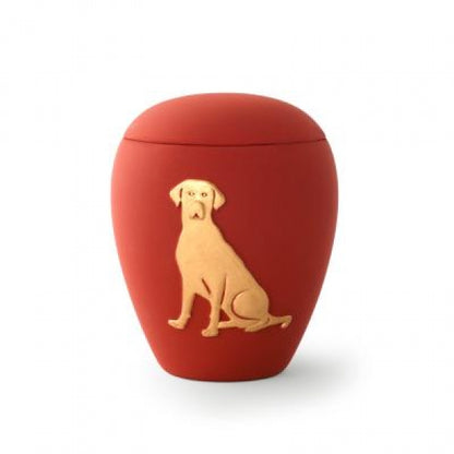 Tierurne aus Keramik mit gold. Hunderelief – 0,5 Liter / rot