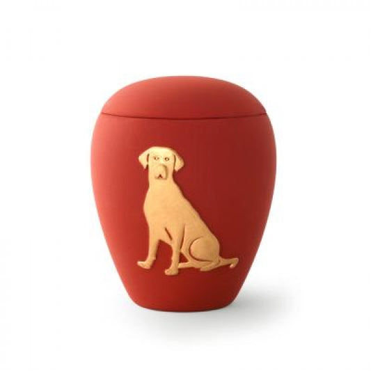 Tierurne aus Keramik mit gold. Hunderelief – 0,5 Liter / rot