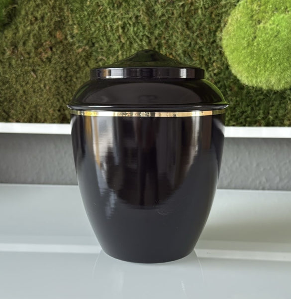 Tierurne mit Goldband und Zierhaube – 1,5 Liter / schwarz