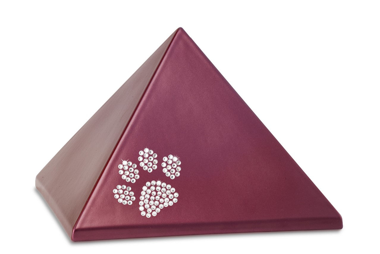 Tierurne Pyramide Keramik mit Pfote aus Swarovskikristallen in bordeaux