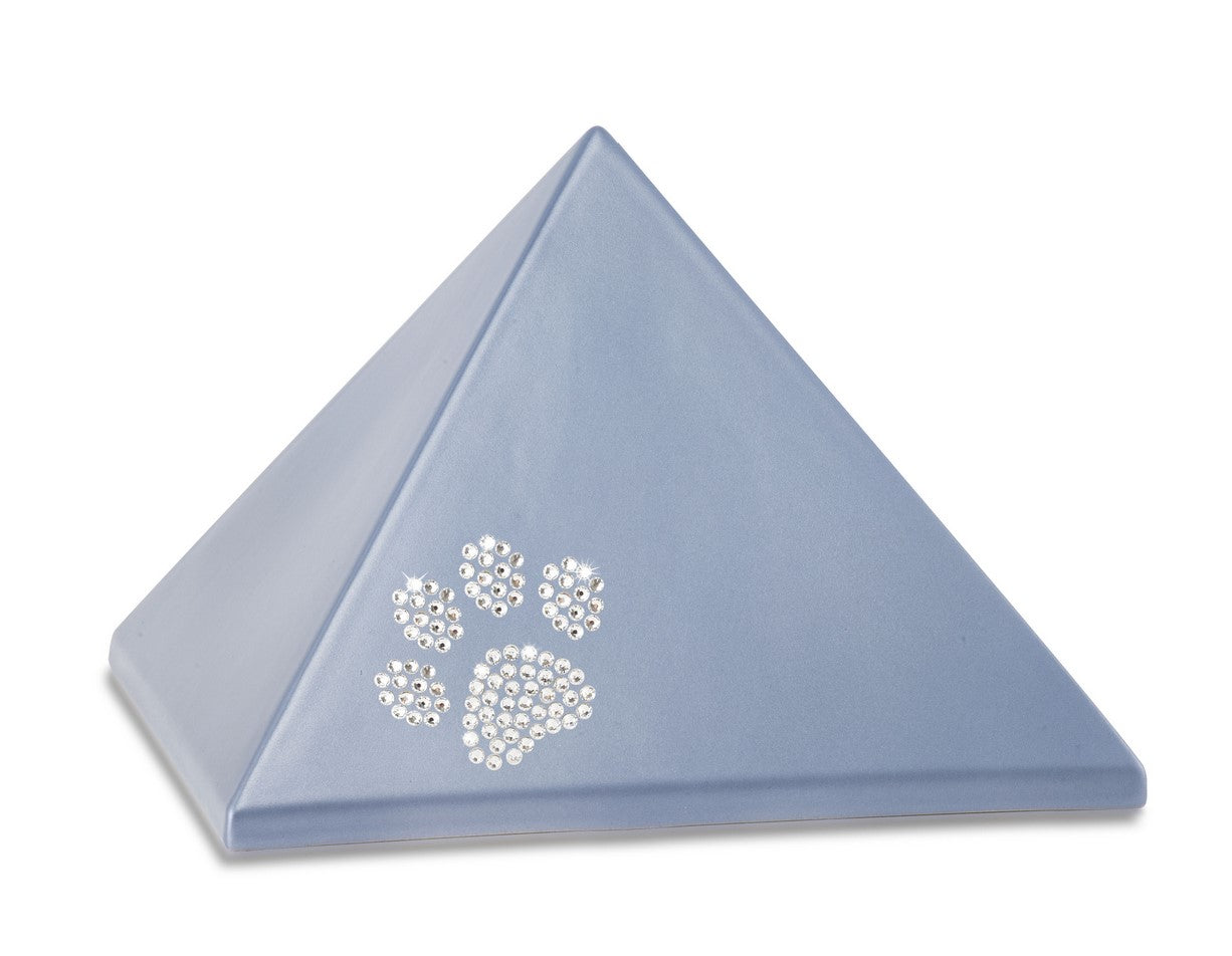 Tierurne Pyramide Keramik mit Pfote aus Swarovskikristallen in stahlgrau
