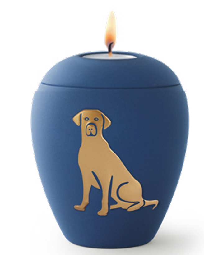 Tierurne aus Keramik mit gold. Hunderelief in marine