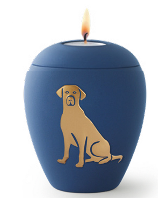 Tierurne aus Keramik mit gold. Hunderelief in marine