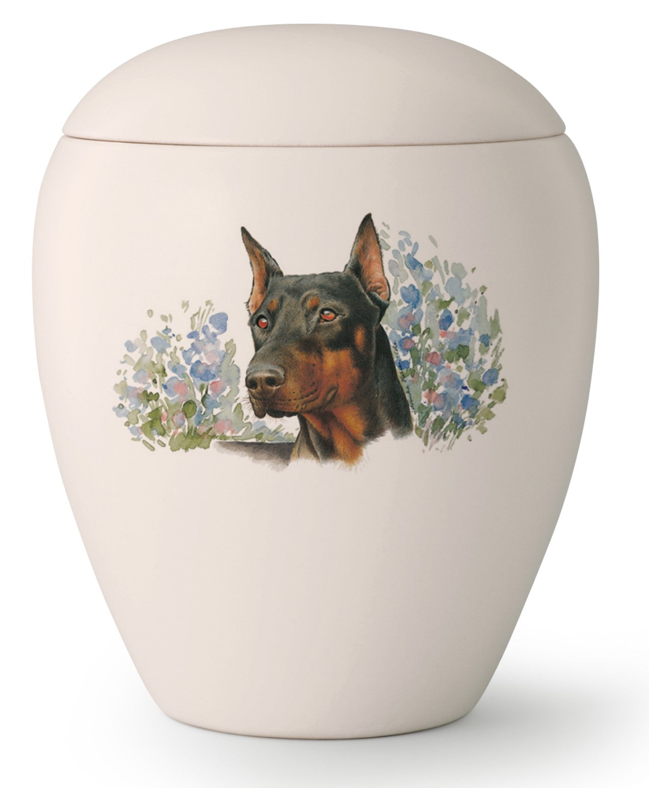 Tierurne mit Dobermann mit kupierten Ohren