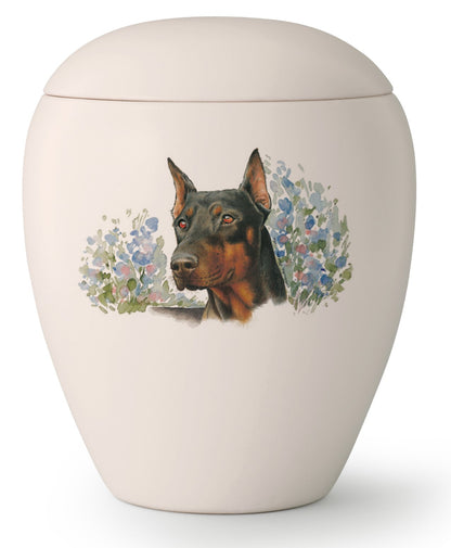 Tierurne mit Dobermann mit kupierten Ohren