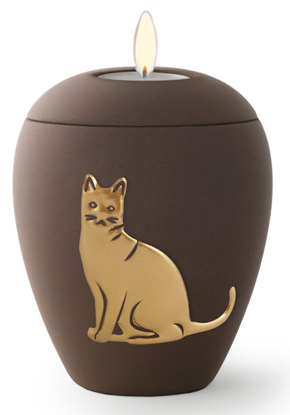 Tierurne aus samtener Keramik mit gold. Katzenrelief in marine