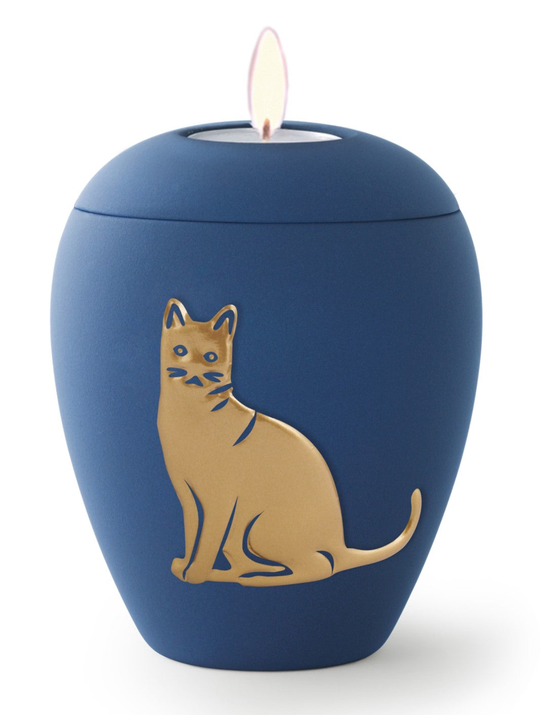 Tierurne aus samtener Keramik mit gold. Katzenrelief in café