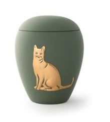 Tierurne aus samtener Keramik mit gold. Katzenrelief 0,5 Liter in versch. Farben