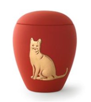 Tierurne aus samtener Keramik mit gold. Katzenrelief in rubin