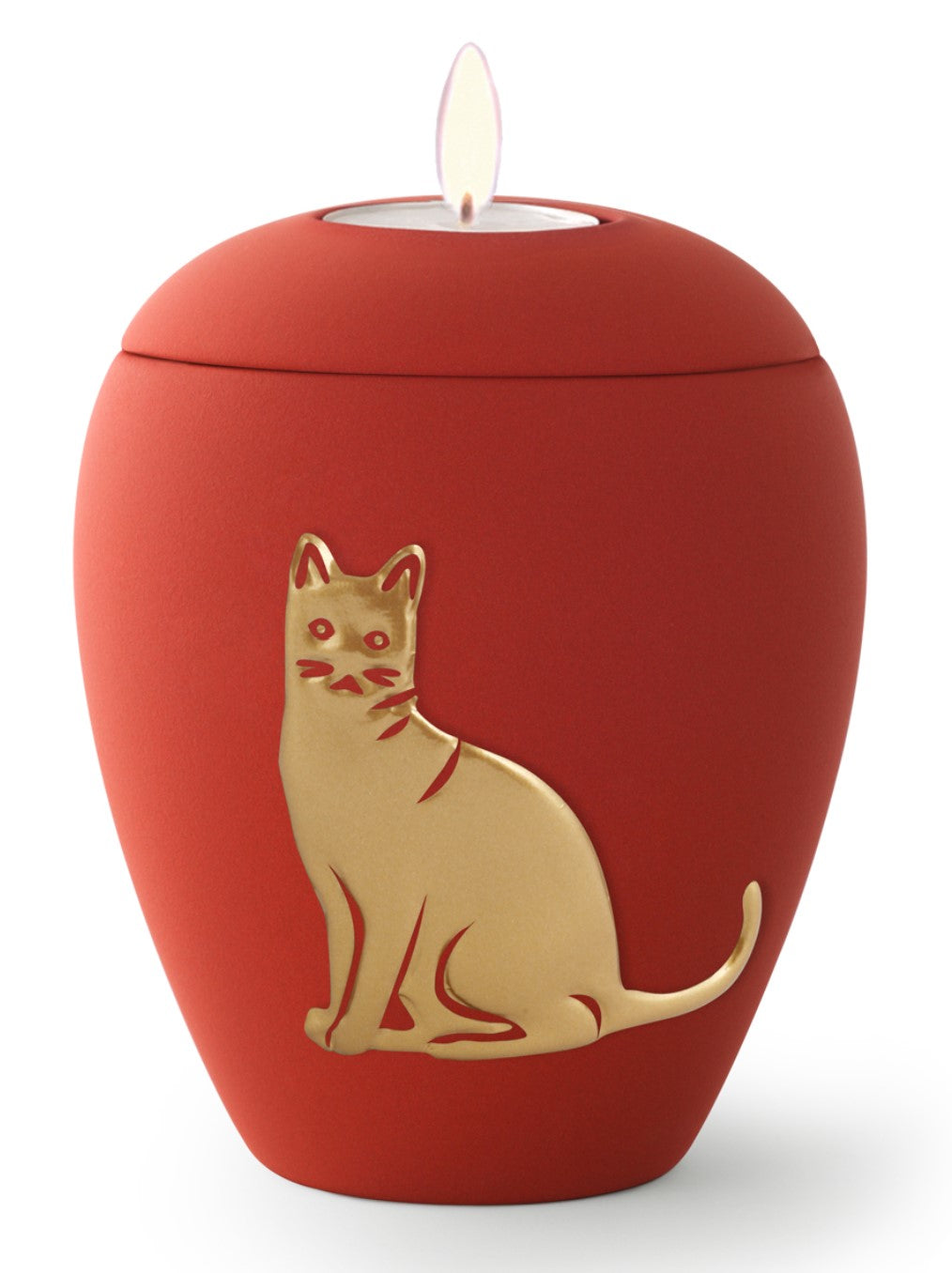 Tierurne aus samtener Keramik mit gold. Katzenrelief in rubin