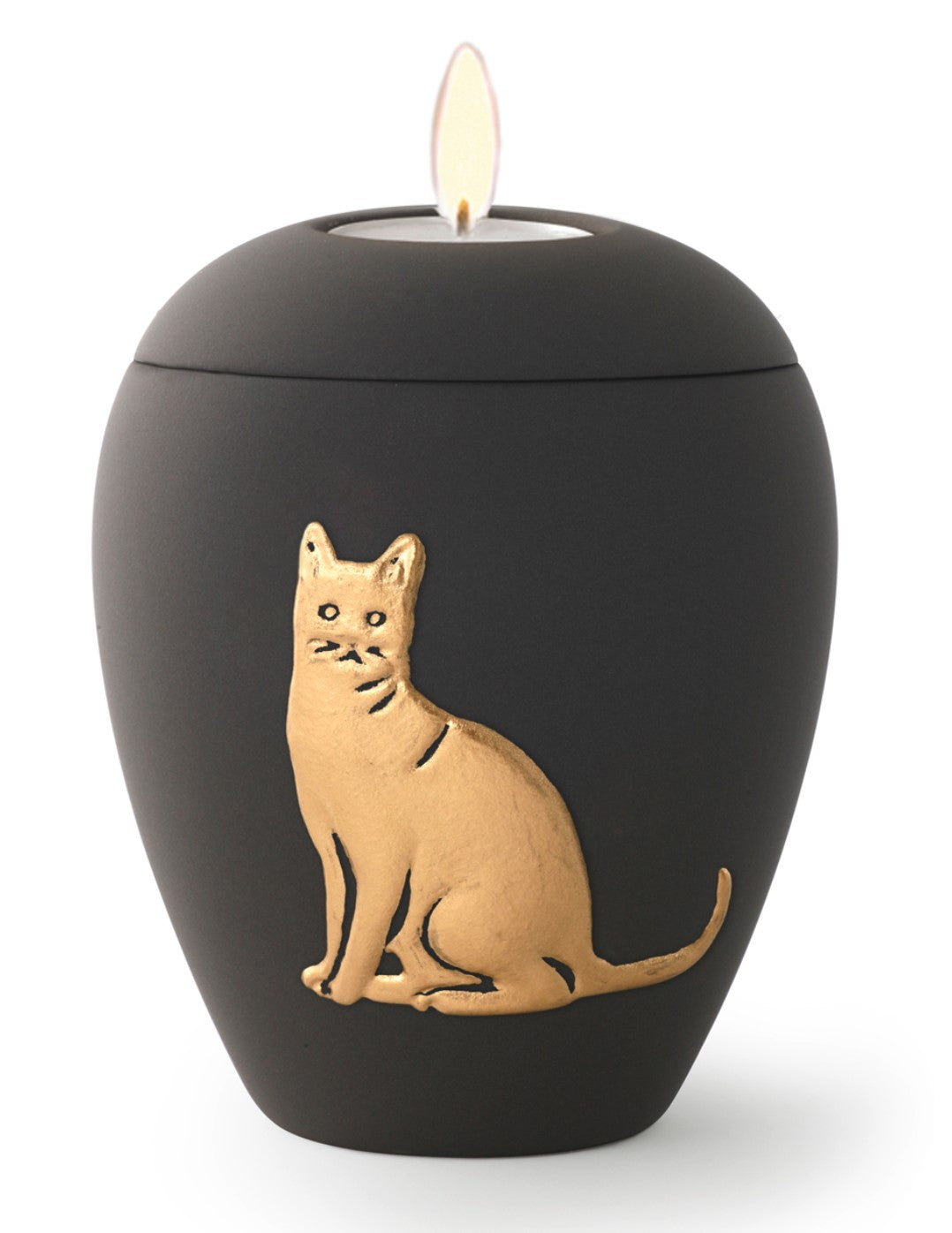 Tierurne aus samtener Keramik mit gold. Katzenrelief in graphit