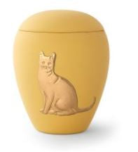 Tierurne aus samtener Keramik mit gold. Katzenrelief in gelb