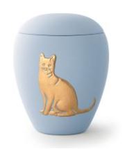 Tierurne aus samtener Keramik mit gold. Katzenrelief in himmelblau