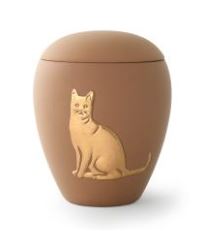 Tierurne aus samtener Keramik mit gold. Katzenrelief in sand