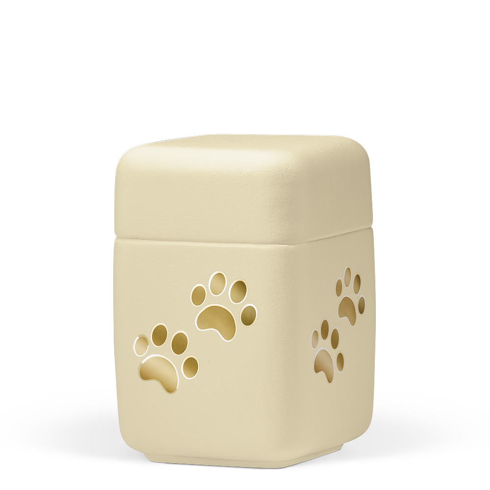 Tierurne Keramik quadratisch mit Goldpfötchen beige