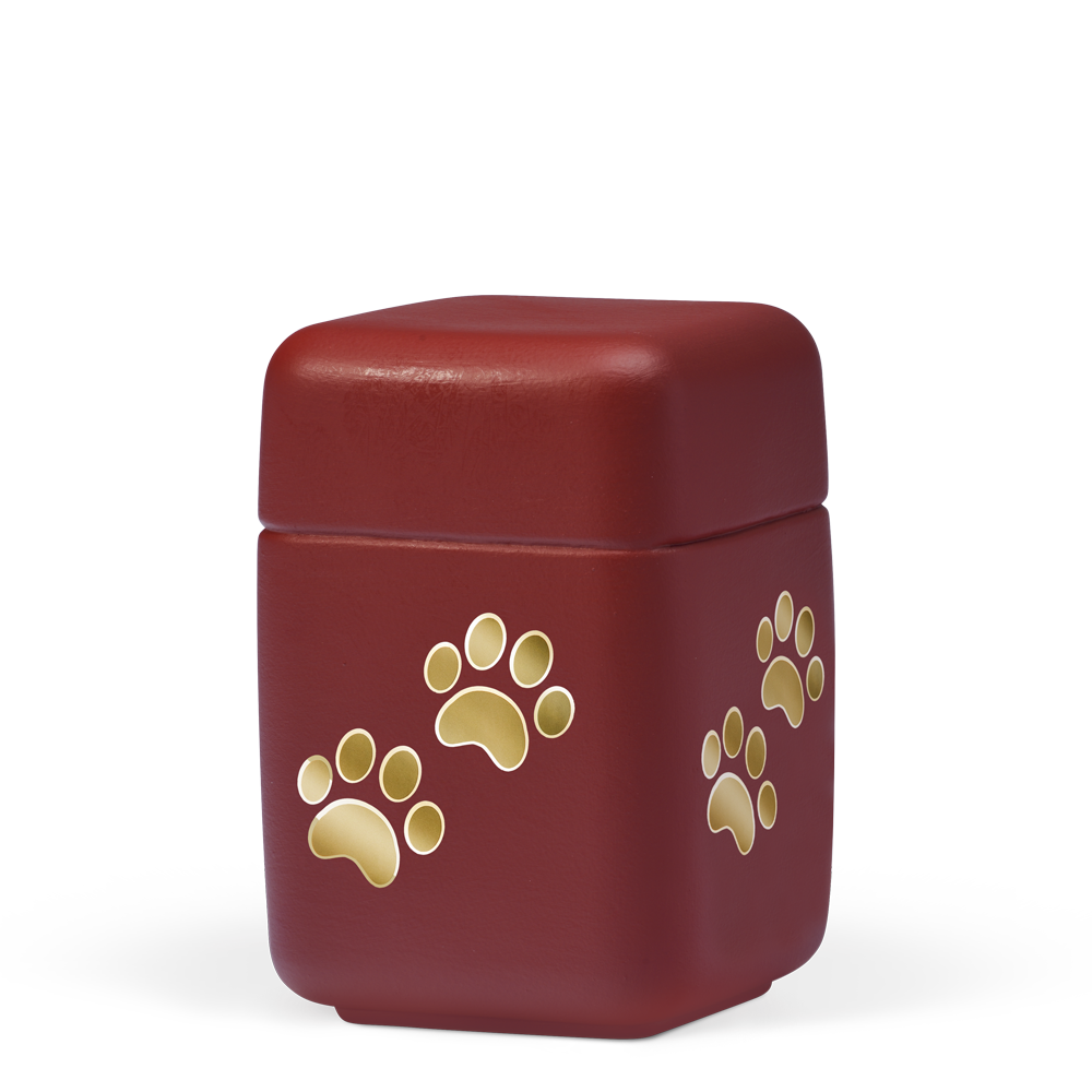 Tierurne Keramik quadratisch mit Goldpfötchen Bordeaux