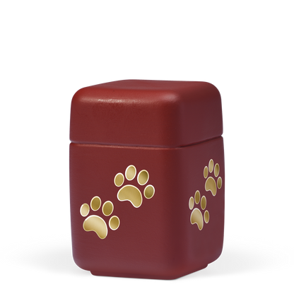 Tierurne Keramik quadratisch mit Goldpfötchen Bordeaux