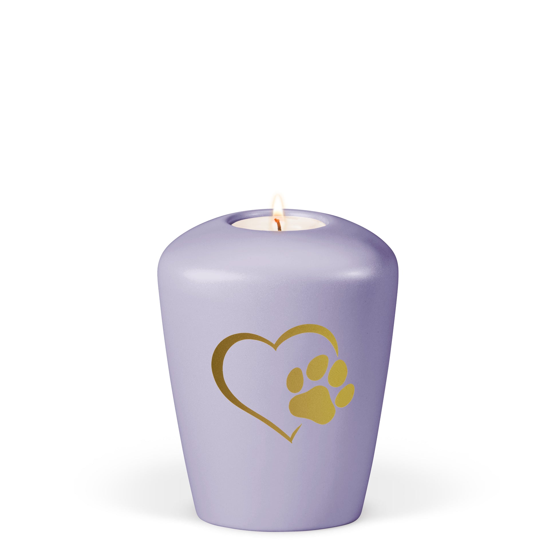 Tierurne aus Keramik mit Herzpfote und Gedenklicht in Violett