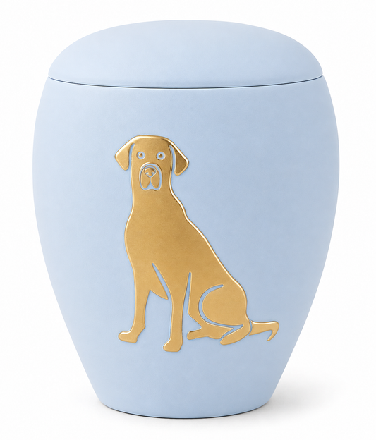 Tierurne aus Keramik mit gold. Hunderelief