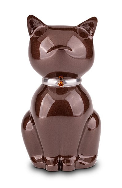 Tierurne in Katzenform mit Swarovskistein Braun