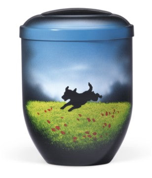 Tierurne aus Metall Airbrush Motiv Spielender Hund auf Wiese