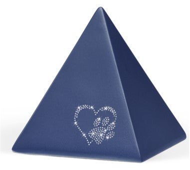 Tierurne Pyramidenform mit Herz-Pfote aus Kristallen in saphirblau