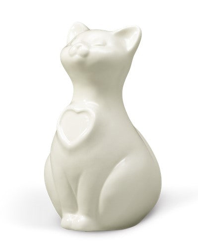 Tierurne sitzende Porzellankatze glasiert in weiß