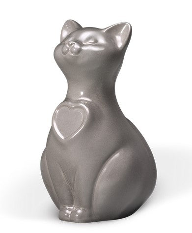 Tierurne sitzende Porzellankatze glasiert in silbergrau