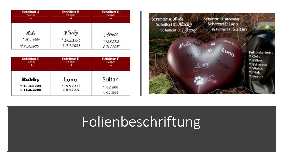 Folienbeschriftung für Tierurnen