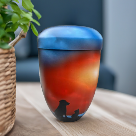 Tierurne Kupfer bemalt mit Hund und Katze