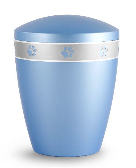 Tierurne aus Naturstoff mit umlaufendem Pfotenband in blau