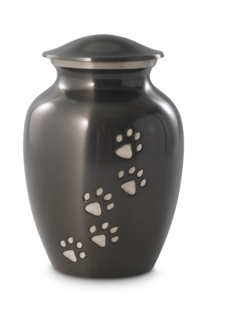 Tierurne aus Messing metallisch dunkel mit silbernem Pfotenrelief